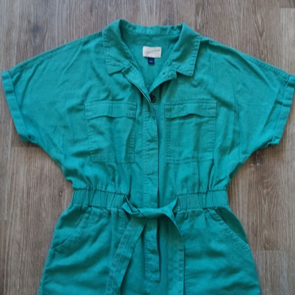Sage Green Jumpsuit Womens 8 Linen Blend Button Tie Front Pockets Beachy Coastal - Picture 3 of 13